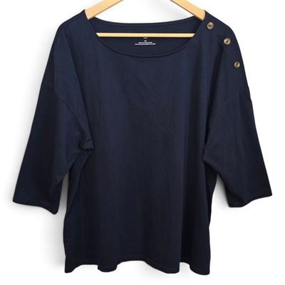 Talbots Plus Top Womens 2X Navy Blue Cotton Boatneck Shoulder Button 3/4 Sleeve