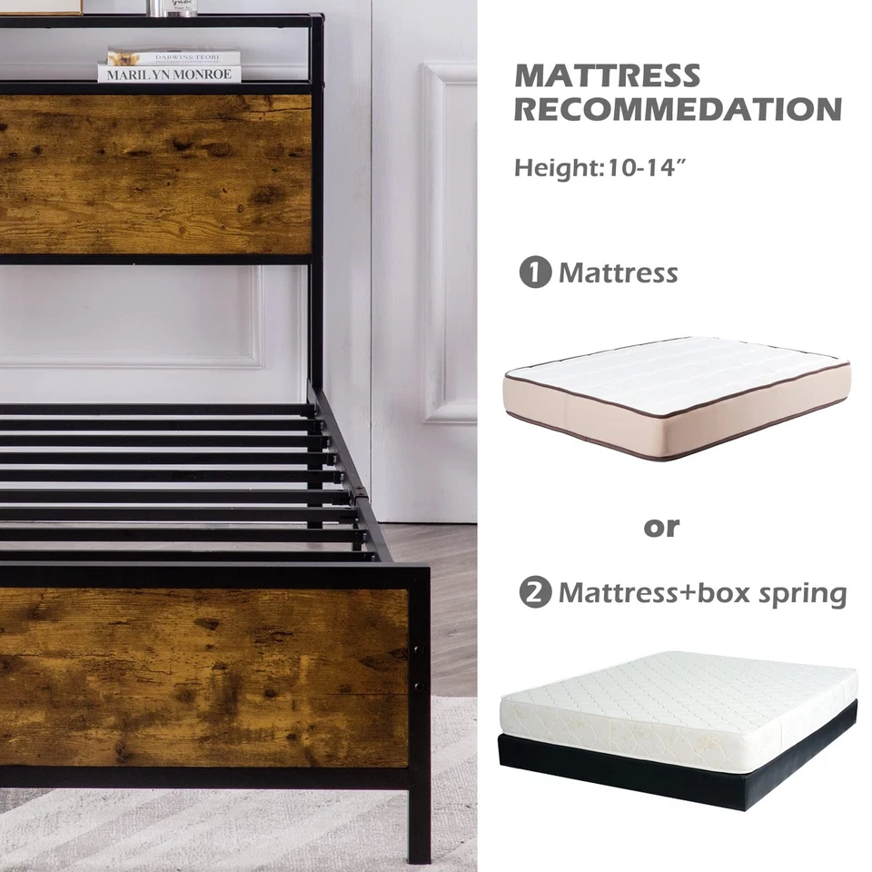 Marco de cama doble, cama de plataforma con cabecero de almacenamiento de 2 niveles, sólido y estable,... Foto 3 de 4