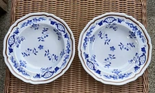 AS-IS Longchamp Normandie 2 Pasta Soup Bowls Blue Floral Brown Band 8.5" France