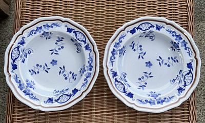 AS-IS Longchamp Normandie 2 Pasta Soup Bowls Blue Floral Brown Band 8.5'' France