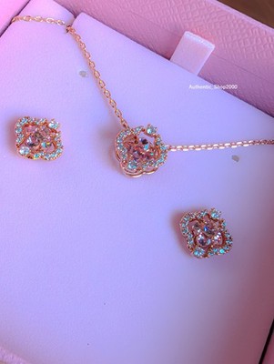 100% SWAROVSKI Rose Gold Sparkling Pink Clover Necklace + Earrings