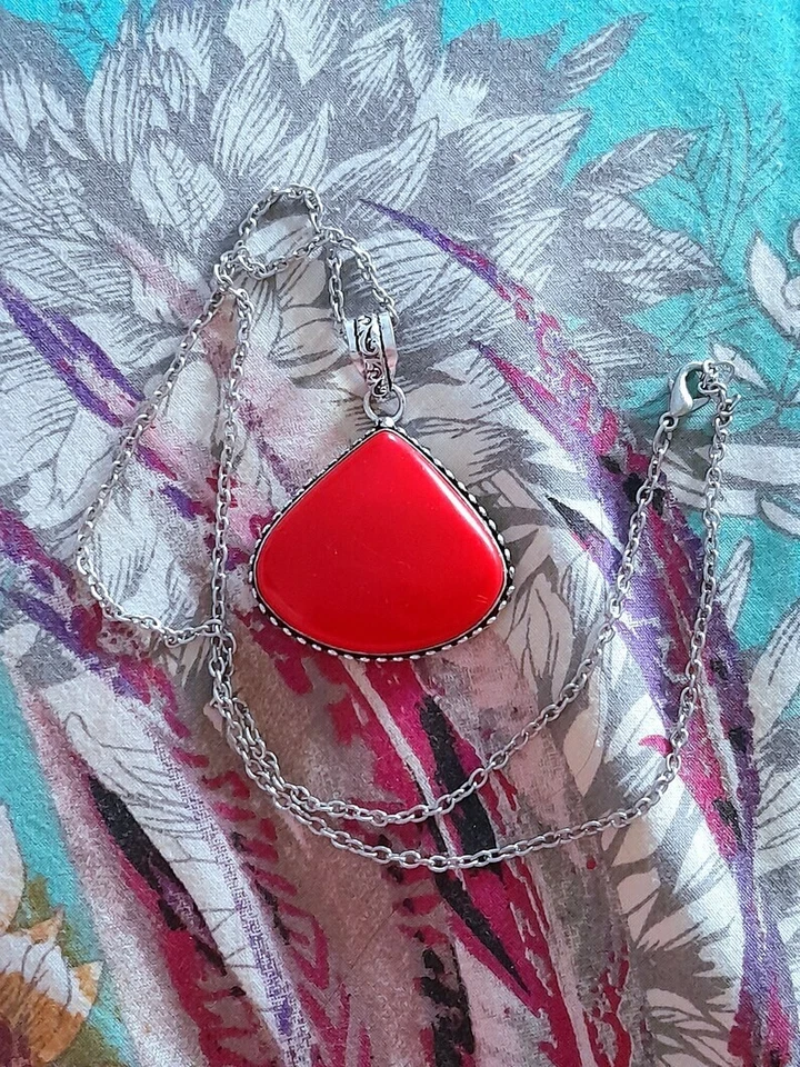 COLLANA ARGENTO 925 CON CORALLO ROSSO SARDO NATURALE PENDENTE GEOMETRICO GOCCIA - Immagine 4 di 4