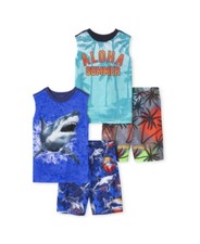 NWT 4-Piece Boys L 10-12 Pajama Set Tank Tops  Shorts Sharks Summer PJ Aloha