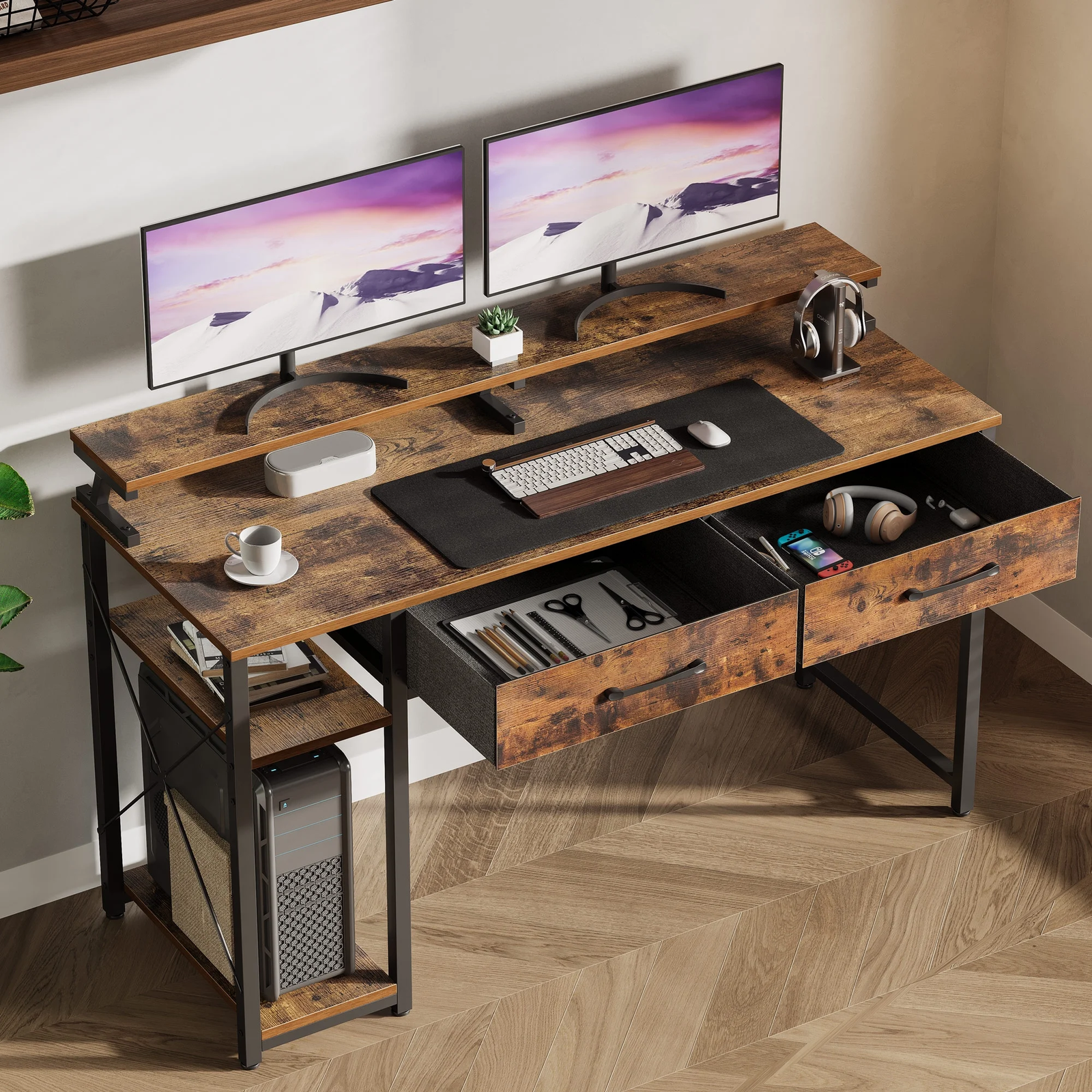 48-Inch Computer Desk with Drawers, Storage Shelves, and Monitor Stand-image