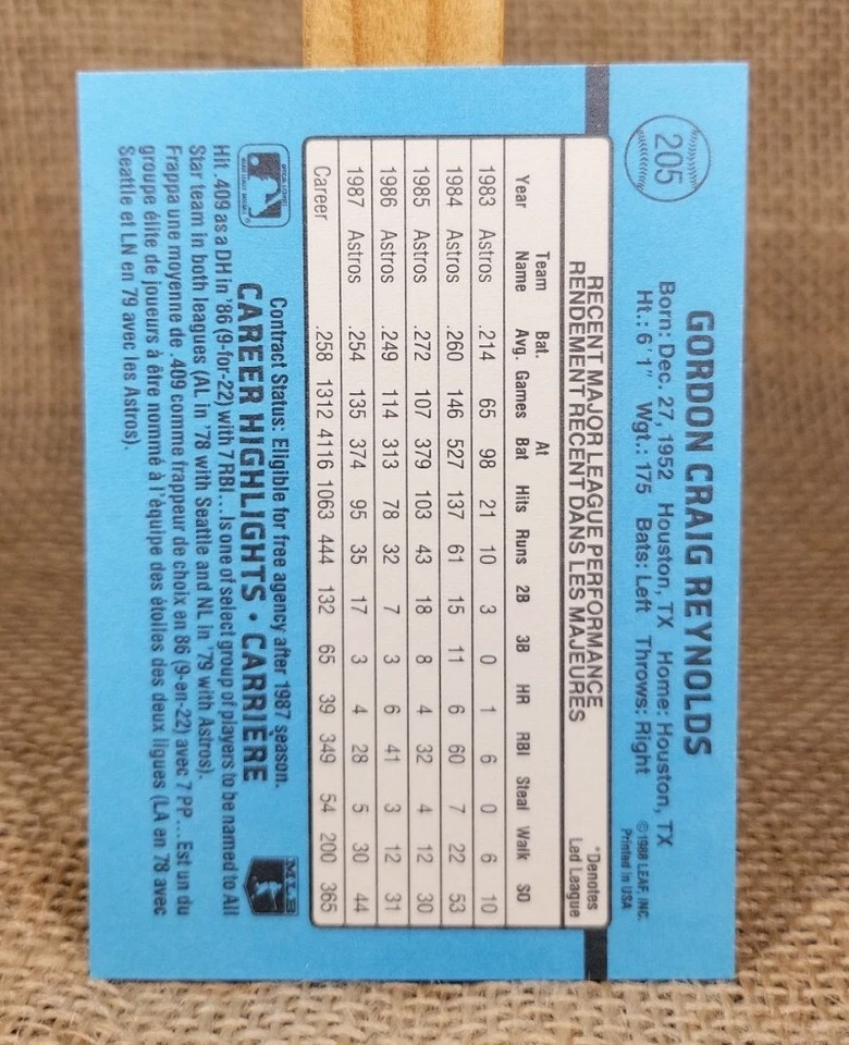 1988 Leaf Craig Reynolds Baseball Card #205 Astros FREE S&H A2 - Image 2 of 2