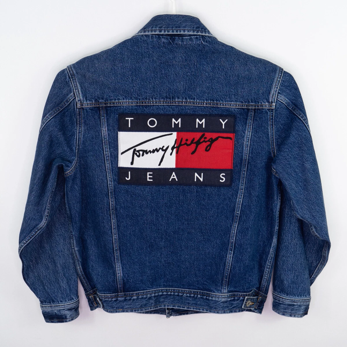 siv stemme campingvogn Vintage Tommy Hilfiger Big Patch Flag Dark Wash Denim Jean Jacket Mens  Large | eBay