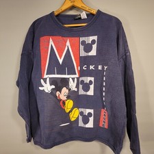 VTG 90s Mickey Mouse Navy Blue Red Waffle Sweatshirt M L XL 48" Chest