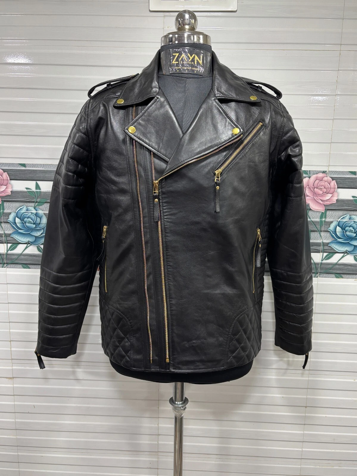 Men's Real Lambskin Soft Napa Leather Black Biker Jacket Quilted Motorcycle Coat