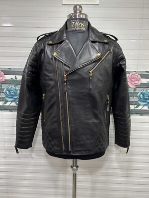 Men's Real Lambskin Soft Napa Leather Black Biker Jacket Quilted Motorcycle Coat