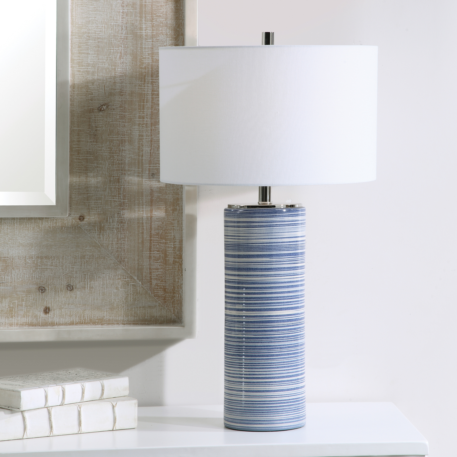 Elegant Indigo White Striped Contemporary Table Lamp Denim Blue Coastal Cylinder