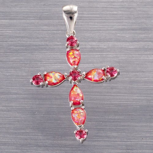 Gothic Cross Simulated Ruby Red Fire Opal Silver Filled Jewelry Necklace Pendant - Picture 6 of 6