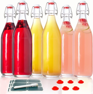 Otis Classic Clear Glass 32oz Brewing Bottles + Ceramic Swing Top Caps. Box 6 Ct