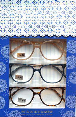 MAX STUDIO PREMIUM 3-PACK READING GLASSES READERS  +3.00 NEW AUTHENTIC