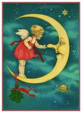 Little Girl Tickling the Moon from Vintage Card Counted Cross Stitch Pattern