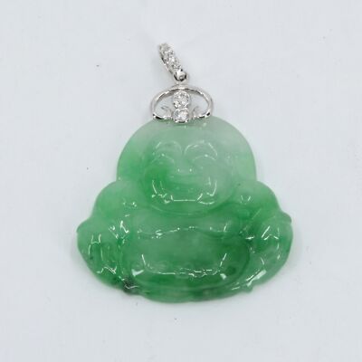 18K Solid White Gold Diamond Buddha Jade Pendant 9.5 Grams