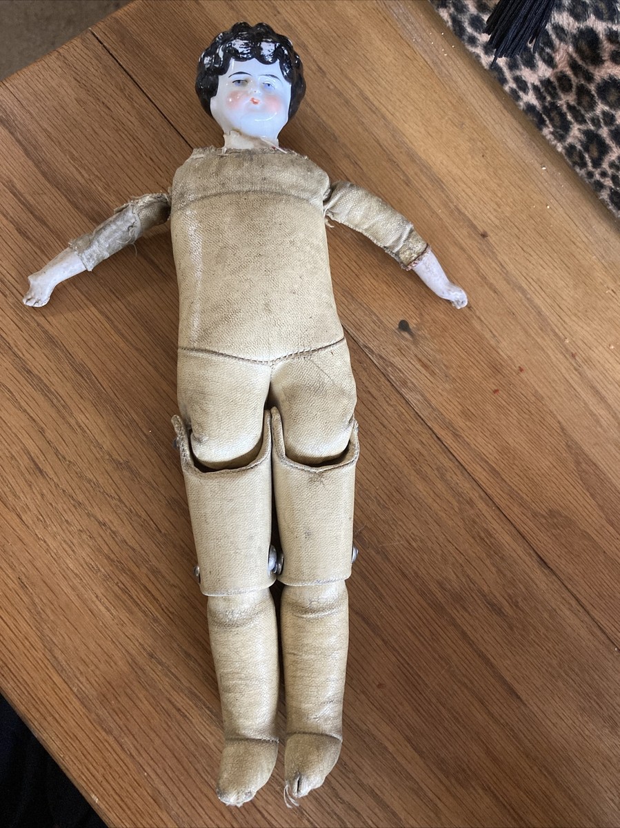 Circa 1840's Antique KPM Style China Doll Leather Body Porcelain