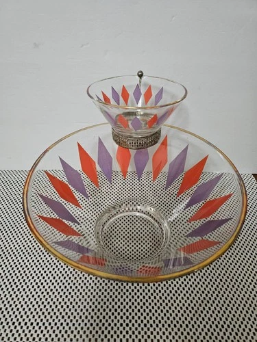VINTAGE ANCHOR HOCKING HARLYQUIN CHIP & DIP SET( SEE DESCRIPTION)