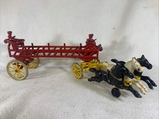 Vintage Cast Iron Three Horse Drawn Hook  Ladder Fire Wagon