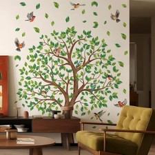 Large Tree Wall Decals with Birds, Nature Wall Sticker Set, Green Leaves