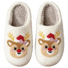 Afellicy Christmas Reindeer Fuzzy Slippers for Women - Plush House Shoes...