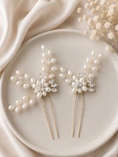 Elegant Pearl Crystal Bridal Hair Pins Set, Gold Wedding Hair Accessories, Handm