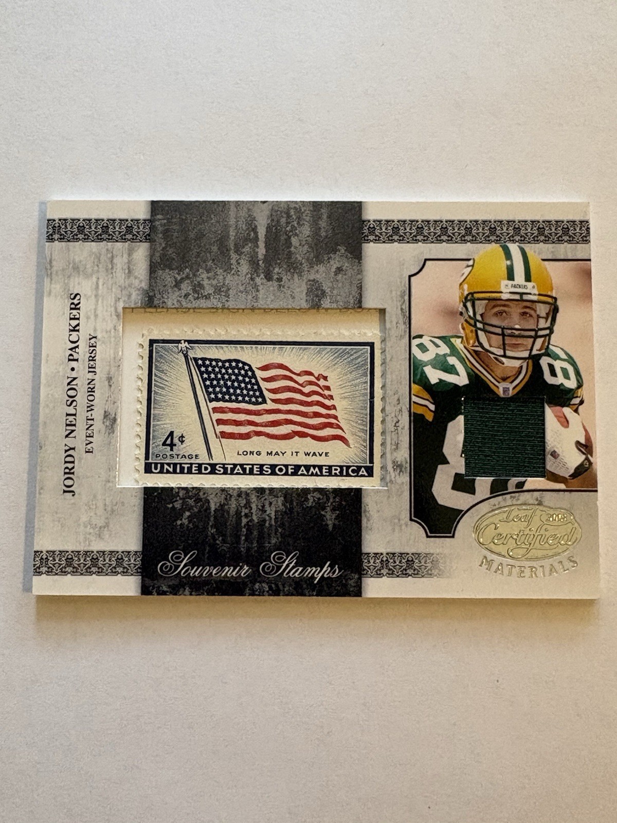 Jordy Nelson Leaf Certified Materials Souvenir Stamps Material #SS22 Base