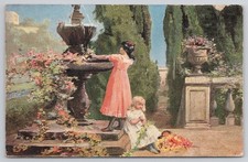 1911 Ocean City NJ Postcard Girls by Fountain Garden Scene Serie 1842