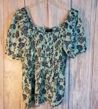 Lane Bryant Womens Size 26 Top Floral Smocked Puff Sleeves Pretty Peplum Blouse 