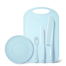 Kid-Safe Cooking Knife Set, Plastic Knives, Cutting Board, Plate, Fork, Blue