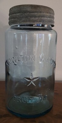 Rare Vtg KNOWLTON VACUUM  'Star' FRUIT JAR QT Blue  w/original Ring & Glass Top