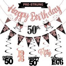 50th Birthday Decorations for Women - Pre Strung Black Rose Gold Happy 50th Birt