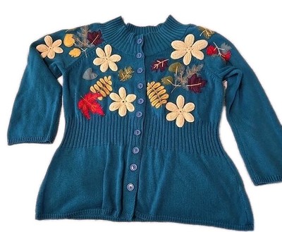 Classic Elements Womens Flower Embroidered Button Cardigan Large Cottagecore