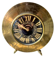 Vintage Brass Half Dome Engraved World Desk Mantel Table Clock