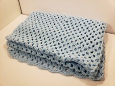 Handmade Crochet Blue Knitted Crocheted Baby Blanket 33" X 32" Boy Giftable Sm