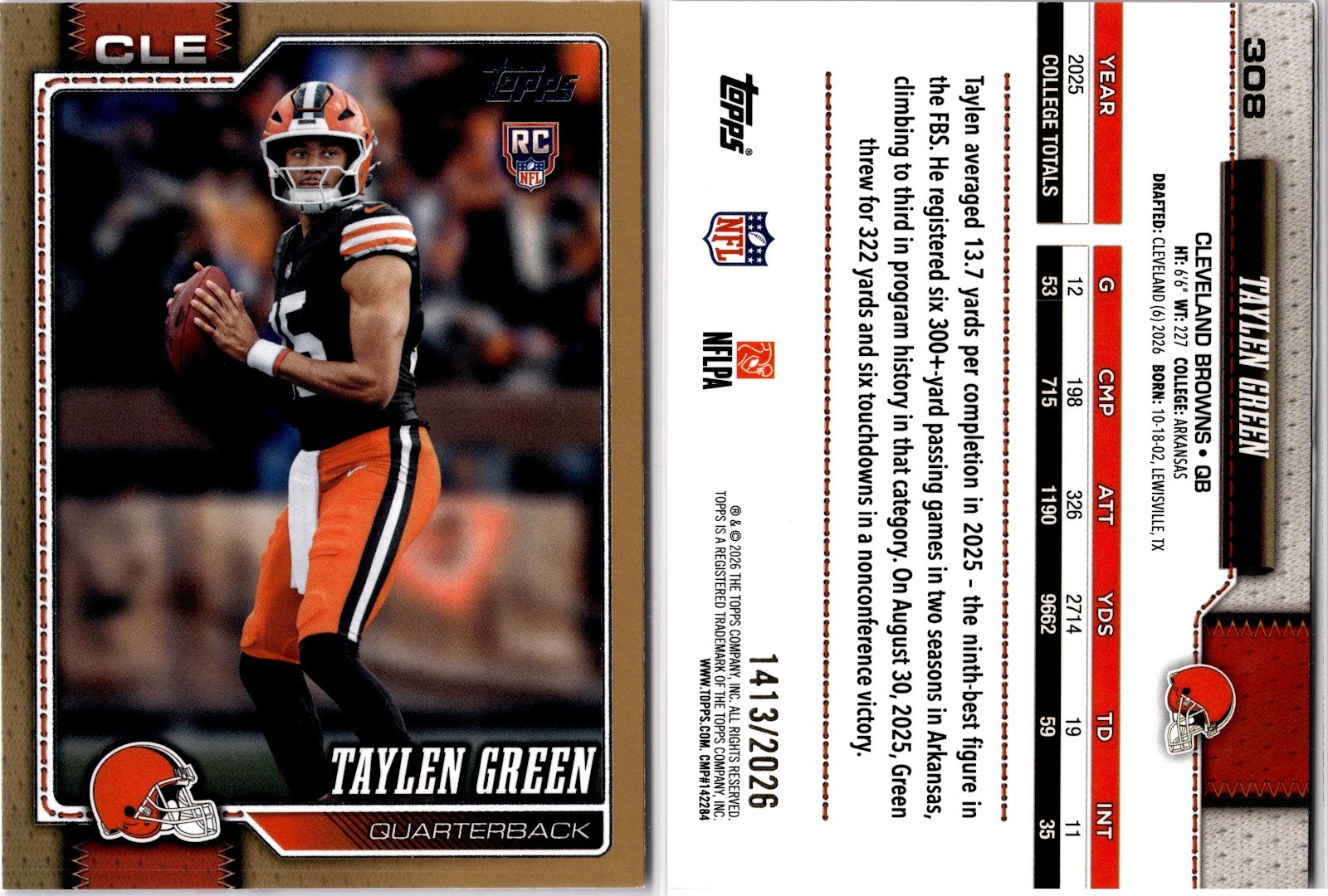 2026 Topps Football #308 Taylen Green RC Gold 1413/2026 Browns