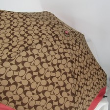 Coach Signature C Folding Umbrella Tan Brown Coral Pink Compact Travel UV Mini