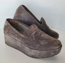 Pedro Garcia Gray Cowhide Suede Leather Platform Wedge Penny Loafers Size 38/8