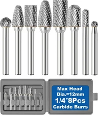 8Pcs Carbide Burr Set 1/4 Shank W/Grey Flat Box Max Head Dia 12Mm Die Grinder Bi