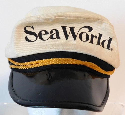Vintage Sea World Snapback Hat White Captain Patent Brim Adjustable