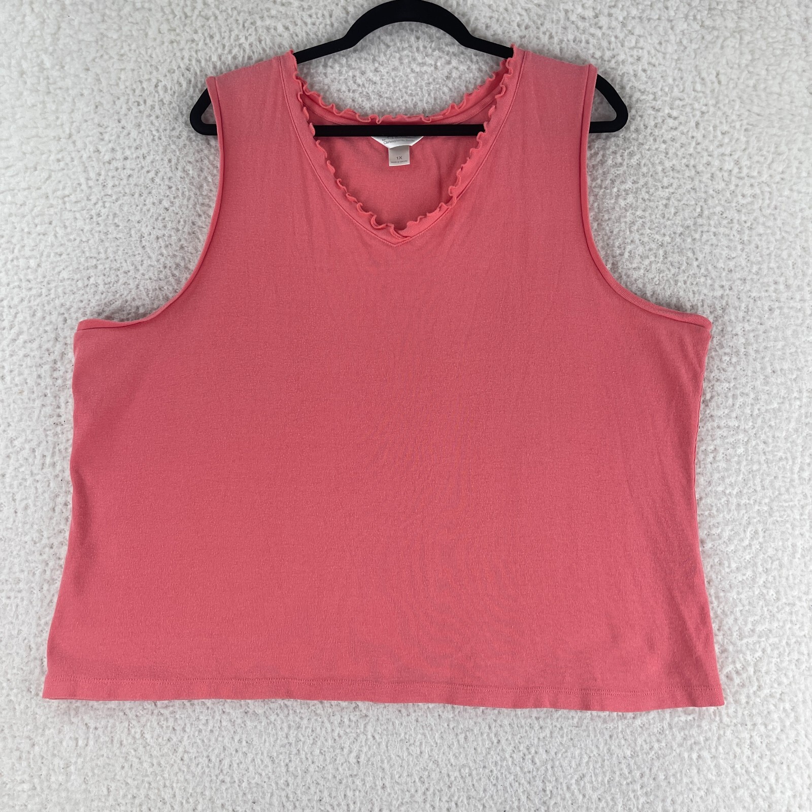CJ Banks Tank Top Women's 1X Pink V Neck Ruffle Trim Sleeveless Knit Pullover