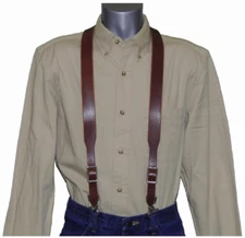 Close-Out Brown Leather Suspenders with scissor snaps no slip trigger snaps