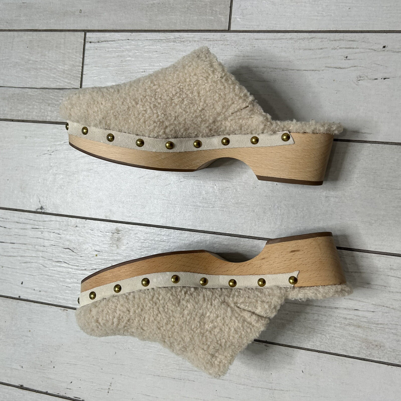 SAOLA Zoccoli donna J.Crew avorio shearling pelliccia sintetica borchie bordo suola legno taglia 9