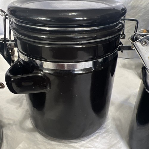 Set of 4 Black Ceramic Kitchen Canisters Coffee Sugar Flour No Spoons - Picture 4 of 8