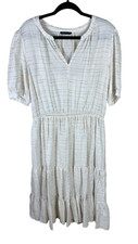 Women's Tommy Hilfiger Ivory Striped Short Sleeve Tiered Textured Midi Dress L