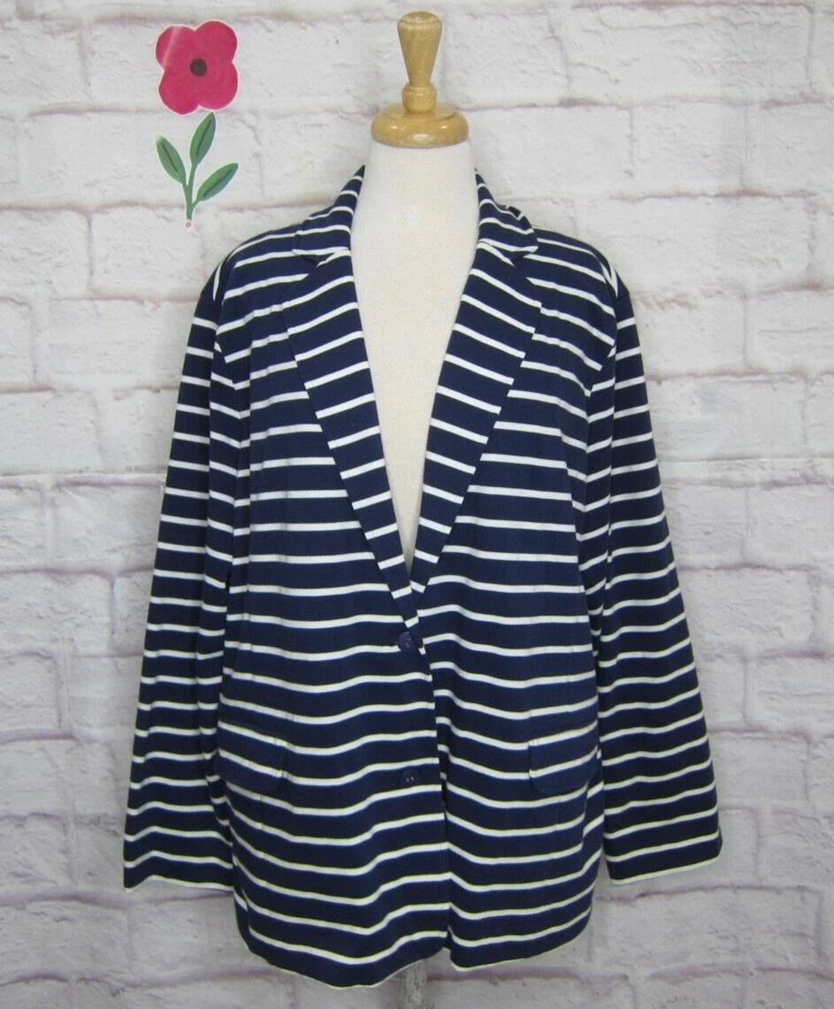 JOAN VASS Navy Blue & White Striped Knit Blazer Jacket size 2X 18W-20W New!