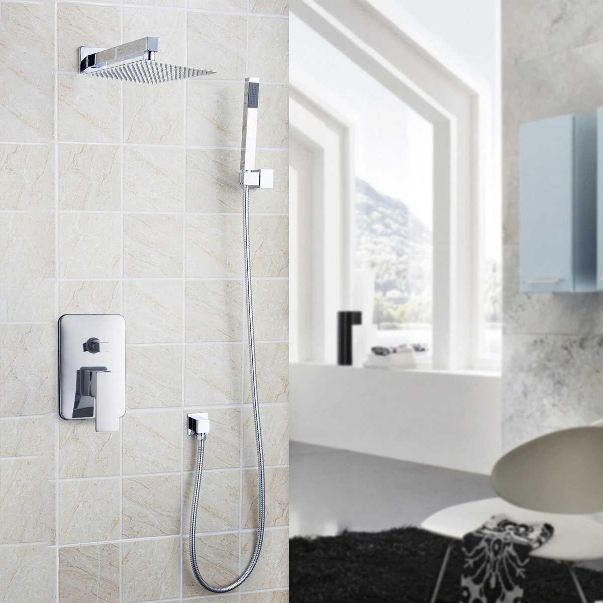Chrome Shower Faucet 8" Rainfall Square Shower Head 2-Way Mixer Valve Hand Spray