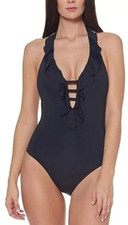 Bleu Rod Beattie Black Plunge Ruffle One Piece Swimsuit Women's Size 4 L34642