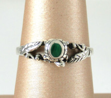 .925 Sterling Silver Malachite Ring Oval Bezel Green Leaves sz 6.75 Vintage