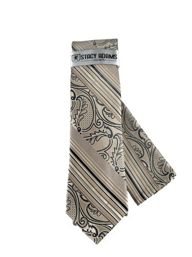 Stacy Adams Men's Tie & Hanky Beige Charcoal Grey Cream Paisley 3.25" Wide - Picture 3 of 6