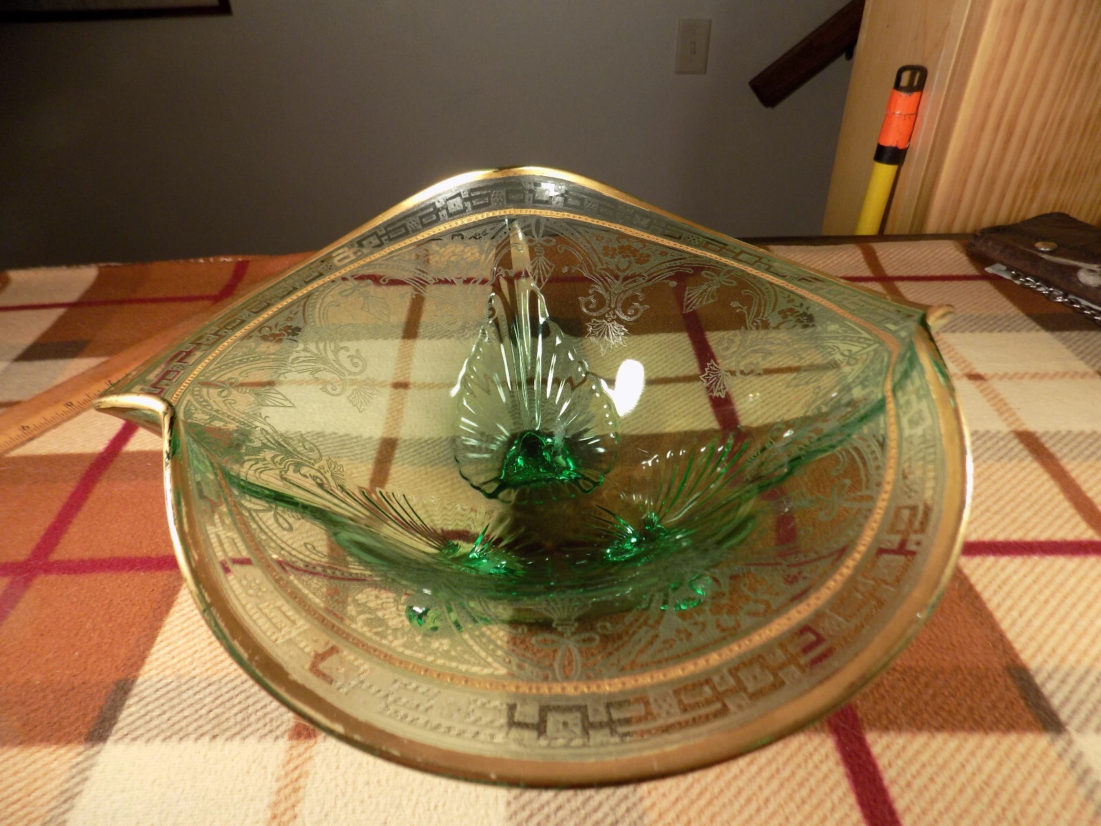 Duncan Miller green 3 footed bowl with Lotus Sophia etching